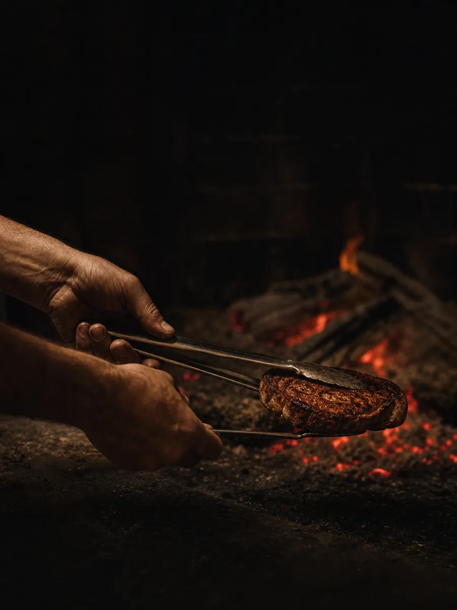 炉の前でトングを使い、熾火で食材に火を入れる料理人の手元